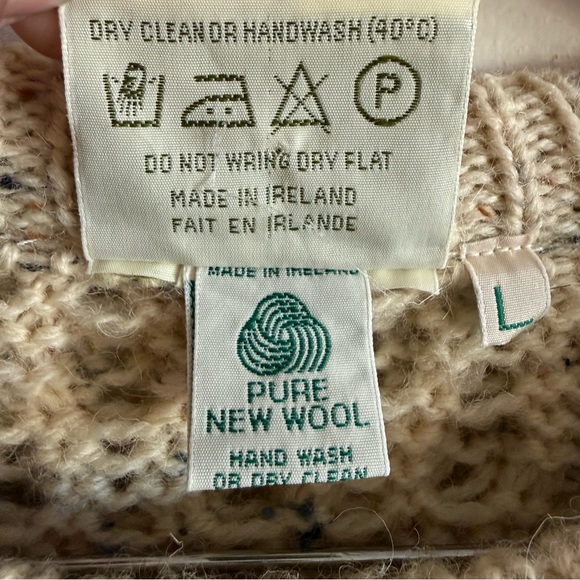 Gaeltarra Handloomed Wool Sweater Ireland Cream Cable Knit Size L Fisherman Men - Picture 10 of 10